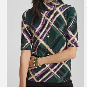 Chico's Mock Neck Plaid Sweater Green Purple Black short Sleeve size L